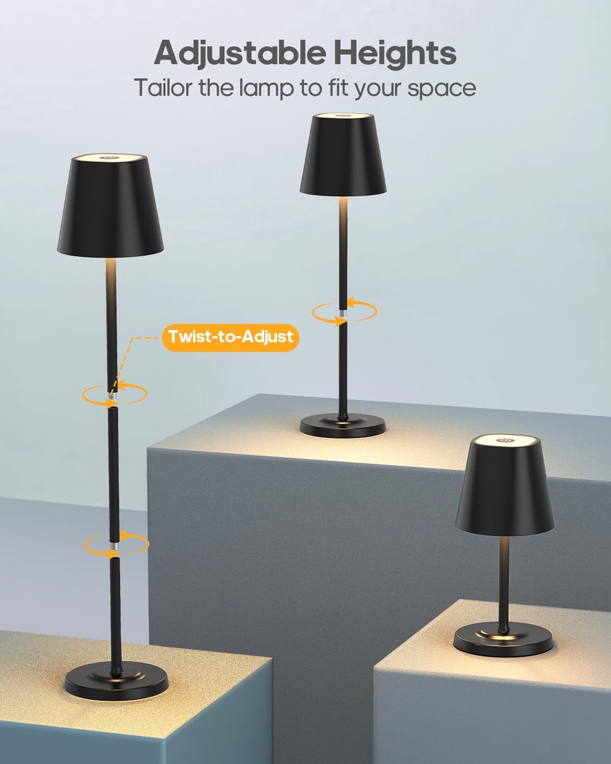 LED Cordless Table Lamp Rechargeable, 3-Height Adjustable, 5500mAh Battery Operated Lamp, 3-Color Dimming Touch Lamp, Portable Lamp for Dining, Bedroom,Camping, Outdoor, Indoor(Black 2 Pcs)