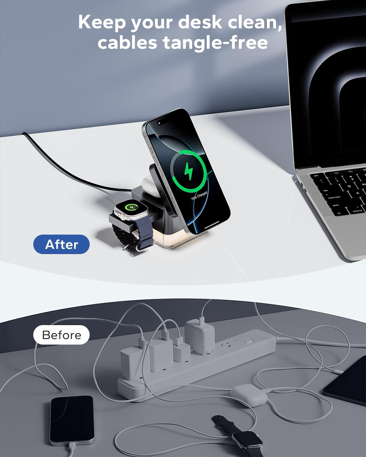 KPON for iPhone Nightstand Charging Station,15W 3 in 1 Wireless Phone Charger Stand with Night Lamp, Travel Foldable Magnetic Cube Magsafe Dock for iPhone 17 16 15 14 13 12 Series/Apple Watch/Airpods