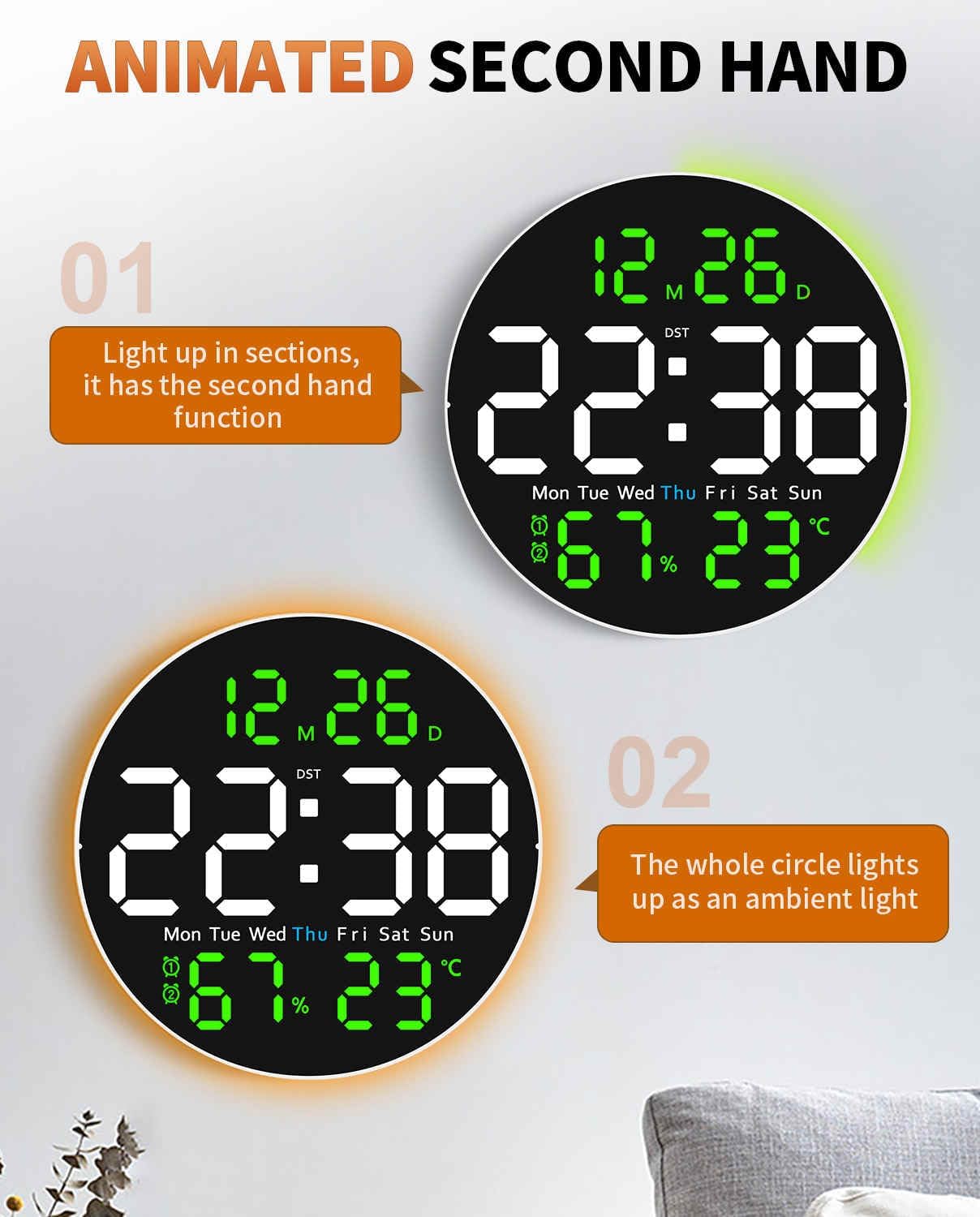 10 Inch Large Digital Wall Clock with 9 Color Changing Remote Control, Date Week Temperature, Auto Brightness Dimmer Big Clock with Night Lights,Green