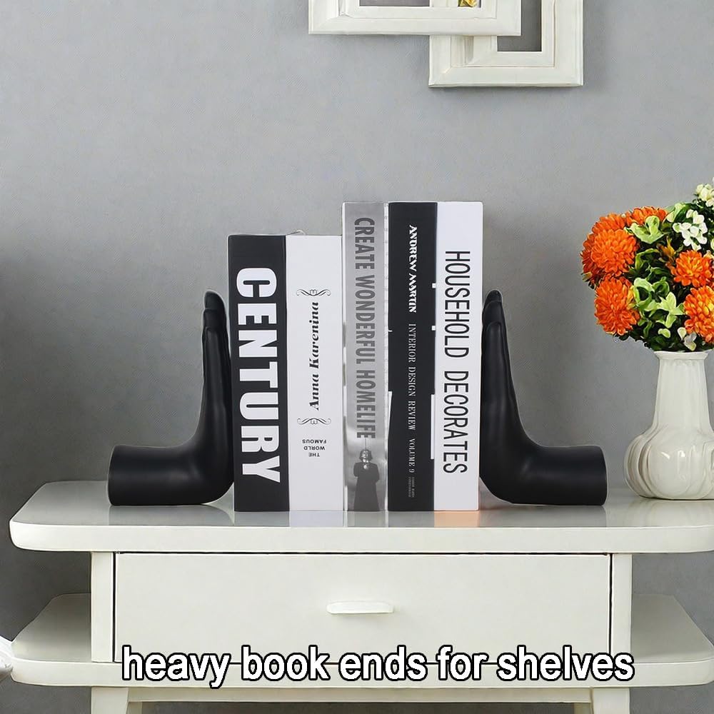 Decorative Bookends Praying Hands Book Ends for Shelves, Black Modern Bookend Heavy Duty Book Ends Stopper Holders for Shelves Office Home Living Room, Resin, 8.5" x 6.8"