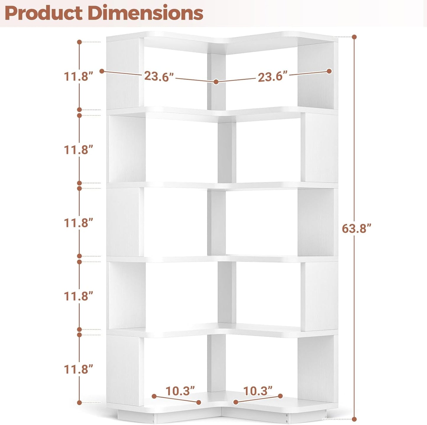 Corner Book Shelf, 6-Shelf Corner Bookshelf for Small Corner Spaces, L-Shape Bookcase Corner Display Shelf for Home Office, Living Room, Bedroom, White