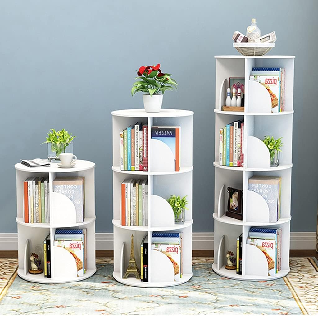 4-Tier White 360° Rotating Corner Bookshelf - Stylish Round Bookcase for Living Room & Library, Space-Saving Floor Shelf, Modern Home Decor Furniture