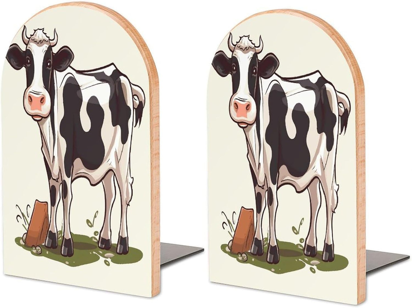 Non-Slip Bookend for Shelves Dairy Cow Wooden Bookends with Metal Base Decorative Book Stopper for Home Heavy Duty Wood Book Storage for Books/CDs