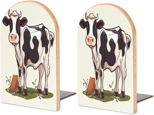 Non-Slip Bookend for Shelves Dairy Cow Wooden Bookends with Metal Base Decorative Book Stopper for Home Heavy Duty Wood Book Storage for Books/CDs