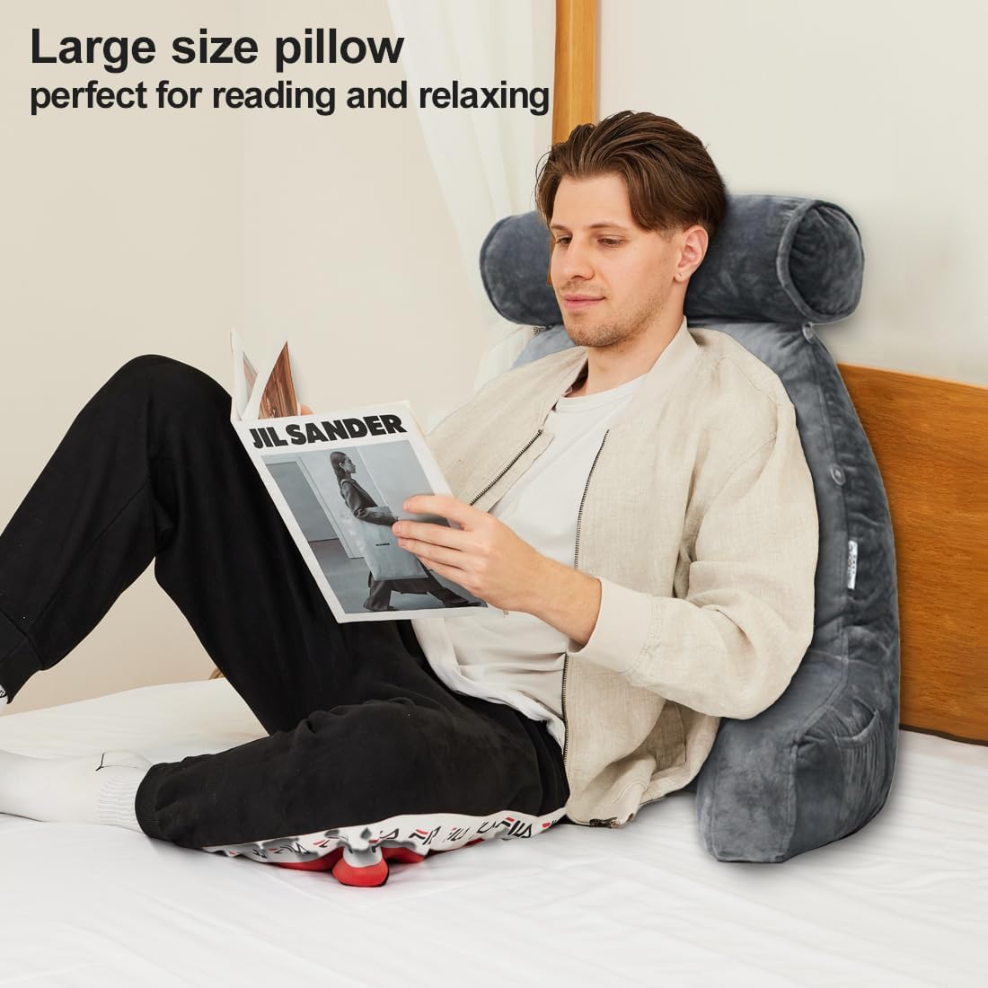 Extra Large Reading Pillow for Sitting in Bed Adult with Detachable Neck Support Cushion & Backrest Pillow for Bed with Arms and Side Pocket Shredded Foam Back Pillow with Washable Cover