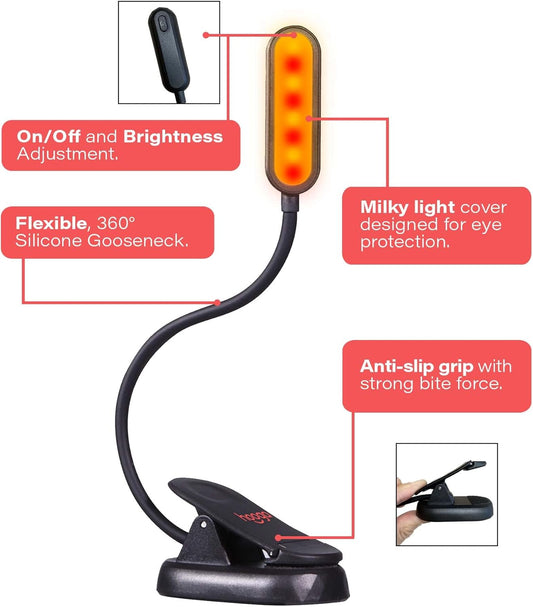 hooga Amber Book Light – Blue Light Blocking Reading Light for Bed, Stepless Dimming, Rechargeable Clip-On Night Light, 1600K Amber & 625nm Red LED for Night Reading