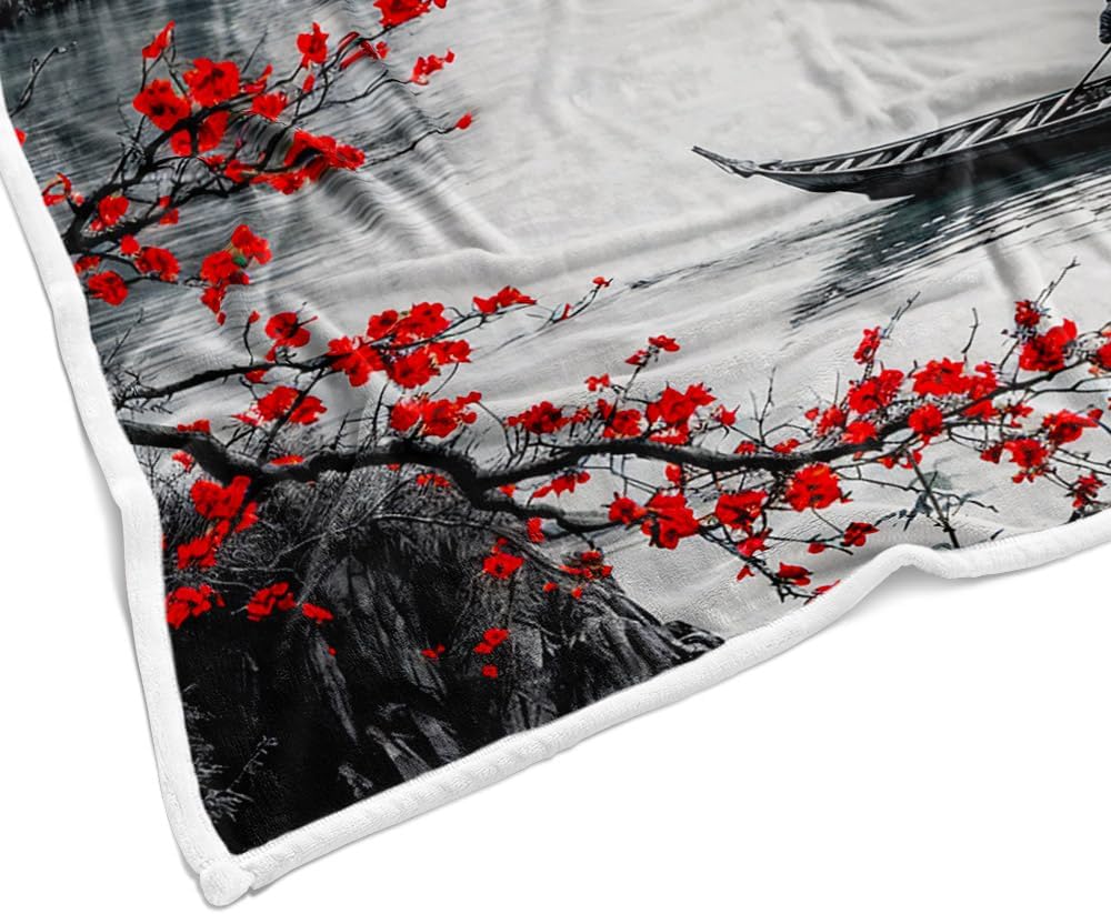 DYNH Japanese Cherry Blossom Throw Blanket, Asian Nature Landscape Throw Blanket, Mountain Cherry Branches Red Sun Ink Painting Soft Warm Flannel Black White Grey Blanket,60X90