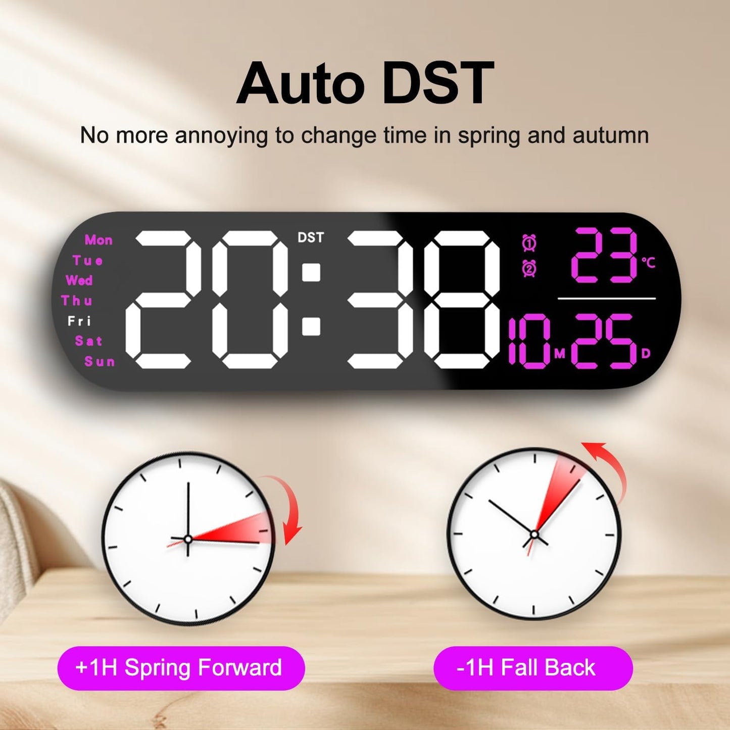 13.7" Large Digital Wall Clock – Remote Control, Dual Alarm, Big LED Display, Auto-Dimming, RGB Night Light, Auto DST – Bedroom, Living Room, Office, Purple