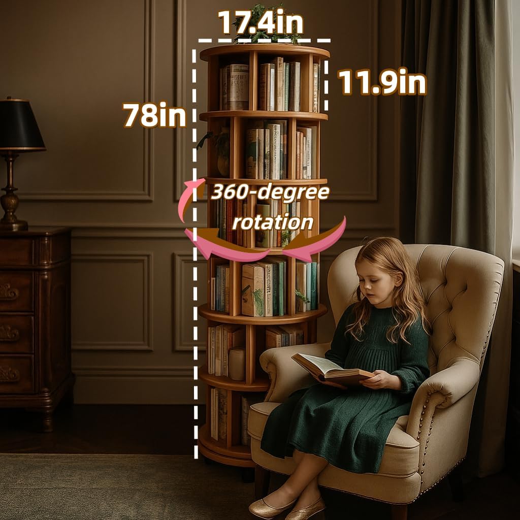 Solid Wood Revolving Bookcase with Wheels, Solid Wood 6-Tier Round Bookshelf, 360° Wooden Rotating Book Tower, Narrow Rolling Vertical Display Storage Rack (Natural Color, 6 Tier, 78" H)