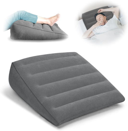 Inflatable Wedge Pillow for Travel and Home, Portable Bed Wedge for Back Support and Leg Elevation, Lightweight Triangle Pillow for Sleeping, Reading, and Camping, 22.4x22.83x7.48 Inches, Gray