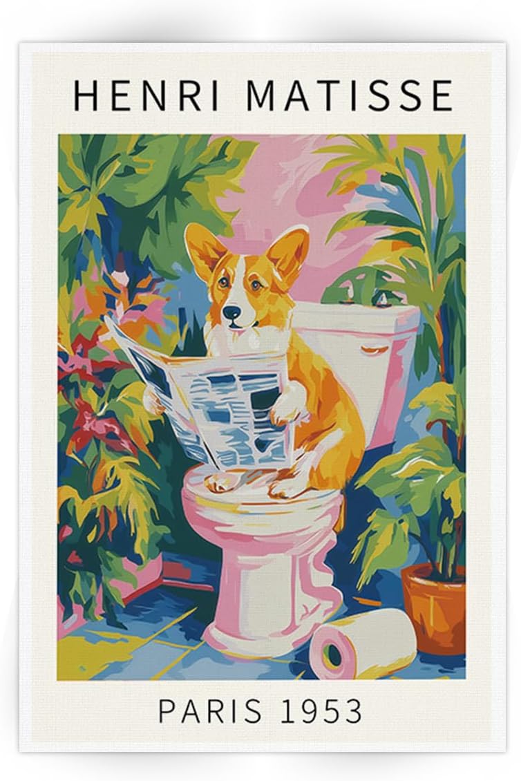 SKINGE Funny Bathroom Wall Art Henri Matisse Room Aesthetics Retro Pink Decor Corgi Reading Newspaper Canvas Painting Print Artworks Animal Bathroom Art Aesthetics Pictures 16x24 inch Unframed