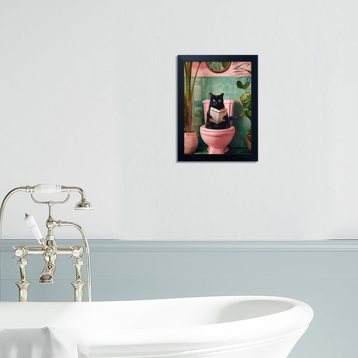 Framed Black Cat Bathroom Decor Pink Trendy Girly Wall Art Funny Cat Reading Toilet Decor Farmhouse Picture Wall Decor