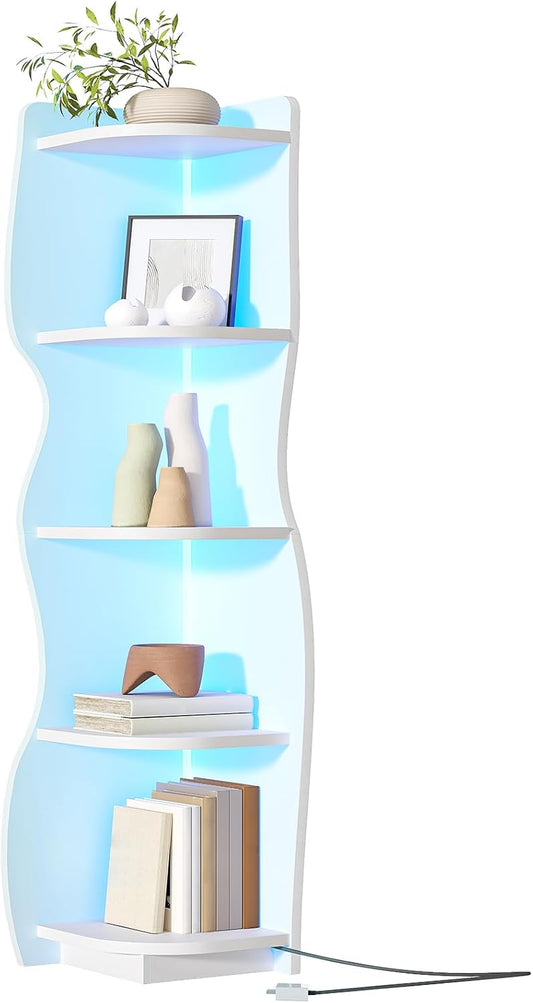 HOOBRO Corner Shelf with Light, 5-Tier Modern Corner Bookshelf, Stylish Display Bookcase，Wooden Open Book Shelf Storage Rack for Small Spaces, Living Room, Home Office, White WT67DCJ01