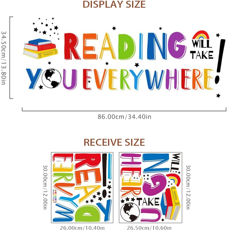 Inspirational Quote Wall Decal Sticker, Motivational Phrase Decoration Classroom Bedroom Playroom Art, Study Room Library Wall Sticker Decor, Reading Will Take You Everywhere