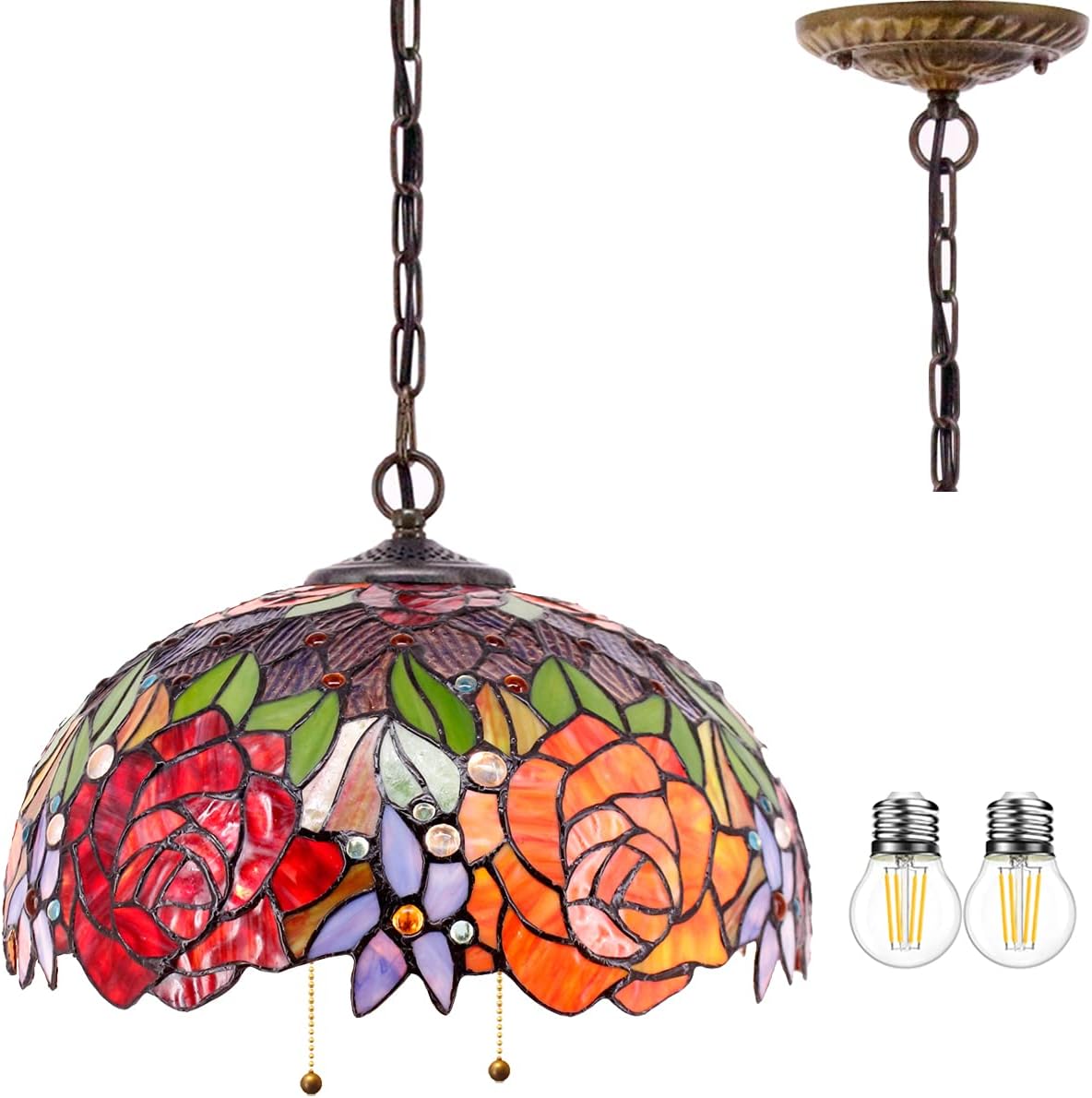 WERFACTORY Tiffany Pendant Light Fixture Red Yellow Rose Stained Glass Hanging Lamp Wide 16 Inch, Height 40 Inch S001 Series