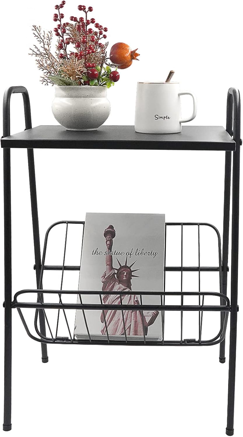 End Table, Metal Nightstand, Record Player Table with Magazine Holder, Record Player Stand with Storage, Side Table for Living Room, Bedroom for Small Spaces, Black