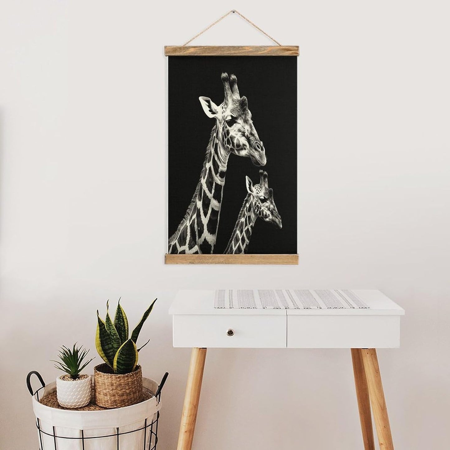 Vintage Black Giraffe Poster with Wooden Frame Personalized Linen Hanging Scroll Painting Rustic Wall Hanging Illustrative Modern Artwork Decor for Home Living Room Bedroom Office