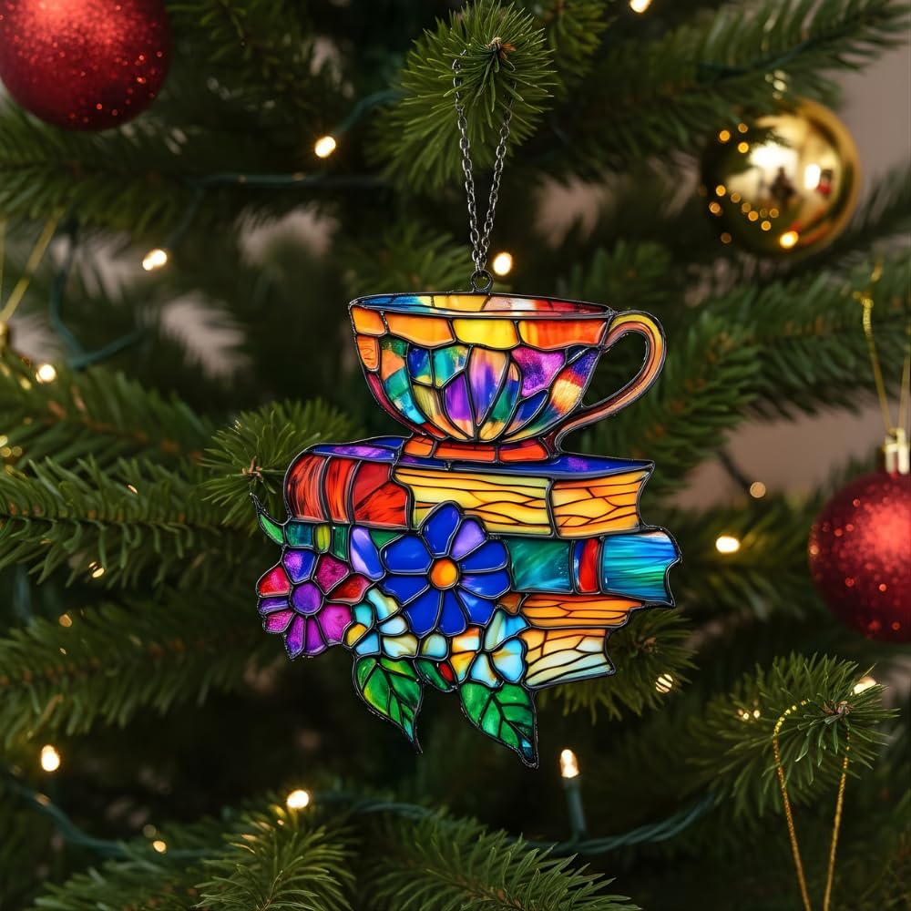 Books Teacup Handmade Artisan Resin Sun Catcher for Bookworm, Stained Glass Effect Window Hanging Ornament Garden Decor, Gifts for Readers, Valentines Day Gift for Women Mom Wife