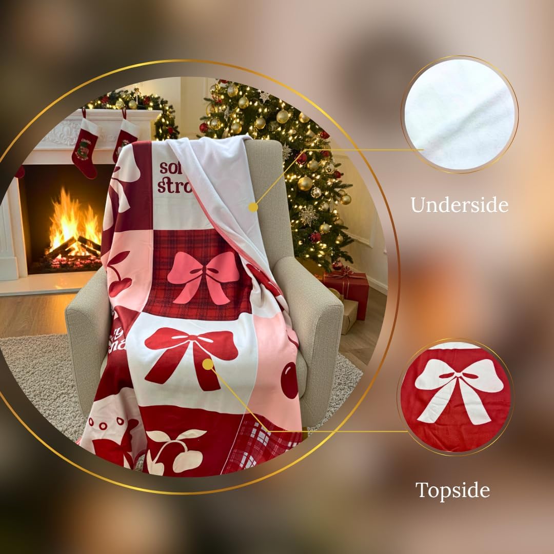 Bow Blanket, Cute Pink Bow Christmas Blanket for Couch, Soft Cozy Plush Fleece Holiday Decor, Christmas Bows Blankets Bedding for Preppy Girly Coquette Decor, Gifts for Women, Family, 50x60 Inches