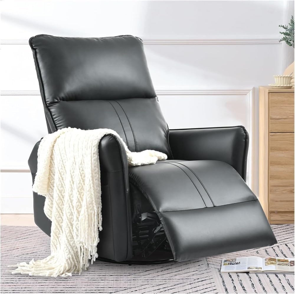 Black Power Swivel Rocker Recliner Chair with Charging Port, Leather Electric Recliner Chair, Comfortable Glider Recliner for Nursery, Home Theater Reclining Chair for Adults
