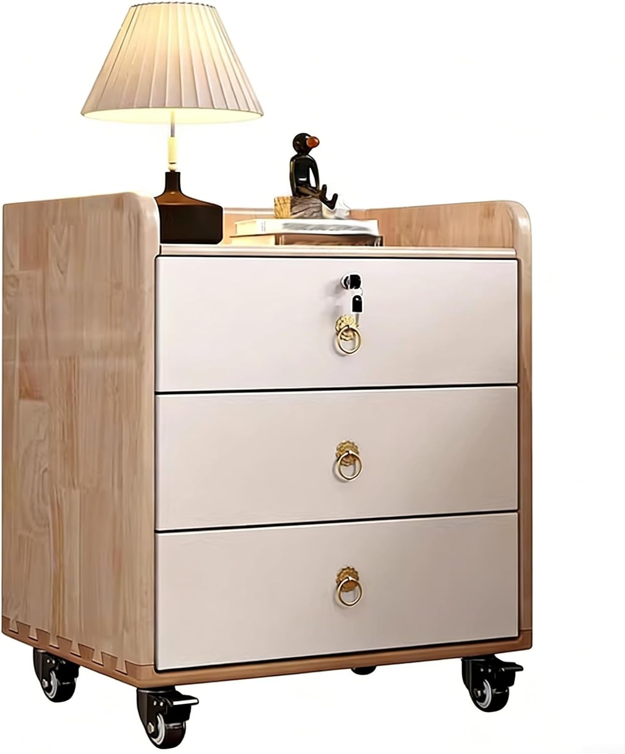 Wooden Nightstand, Bedside Table with 3 Drawers Lockable Mobile Bedside Desk Rounded Corner Design, File Cabine, for Bedroom Office Living Room(A,13.8in/35cm)