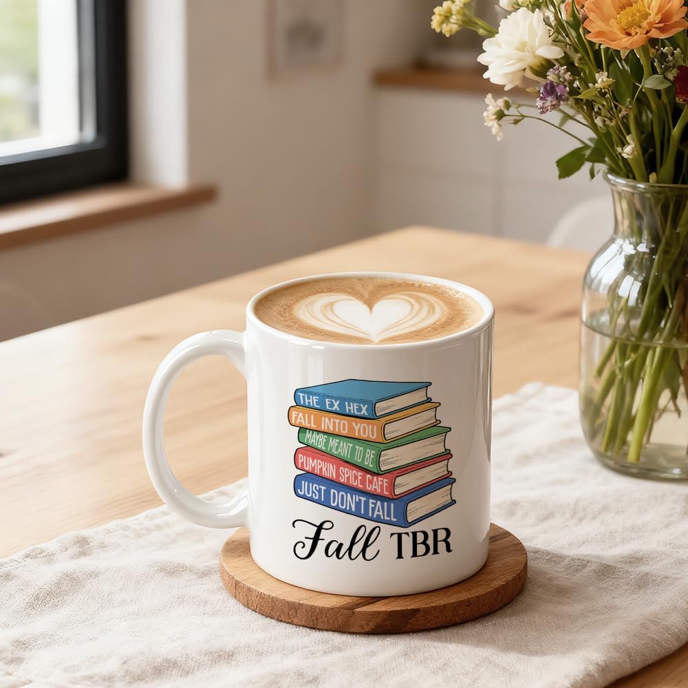 Fall TBR Double-Sided Ceramic Mug, Funny Fall Reading Mug for Book Lover, Bookish Coffee Cup for Reader, Thanksgiving Birthday Gifts for Bookworm, Autumn Christmas Reading Gifts for Friend BBF