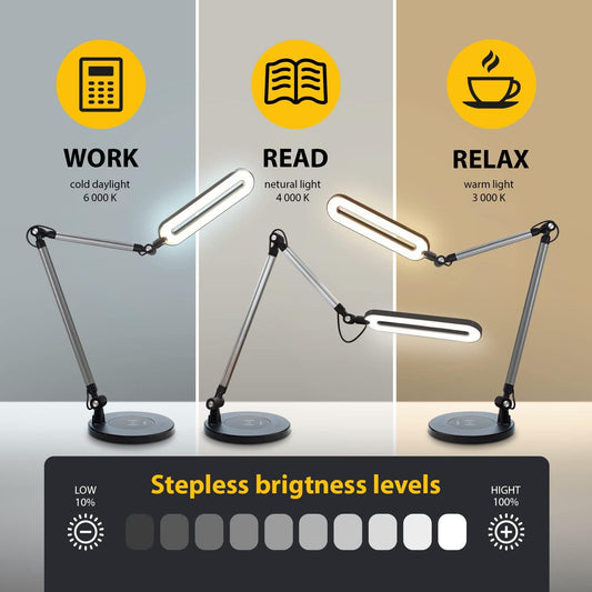 OTUS LED Architect Desk Lamp for Home Office with Wireless Charger, Adjustable Swing Arm, 32 in Tall, 11.8 in Panel, 3 Color Modes, 12 Dimmable Levels, Eye-Caring for Reading, Study, Video Calls