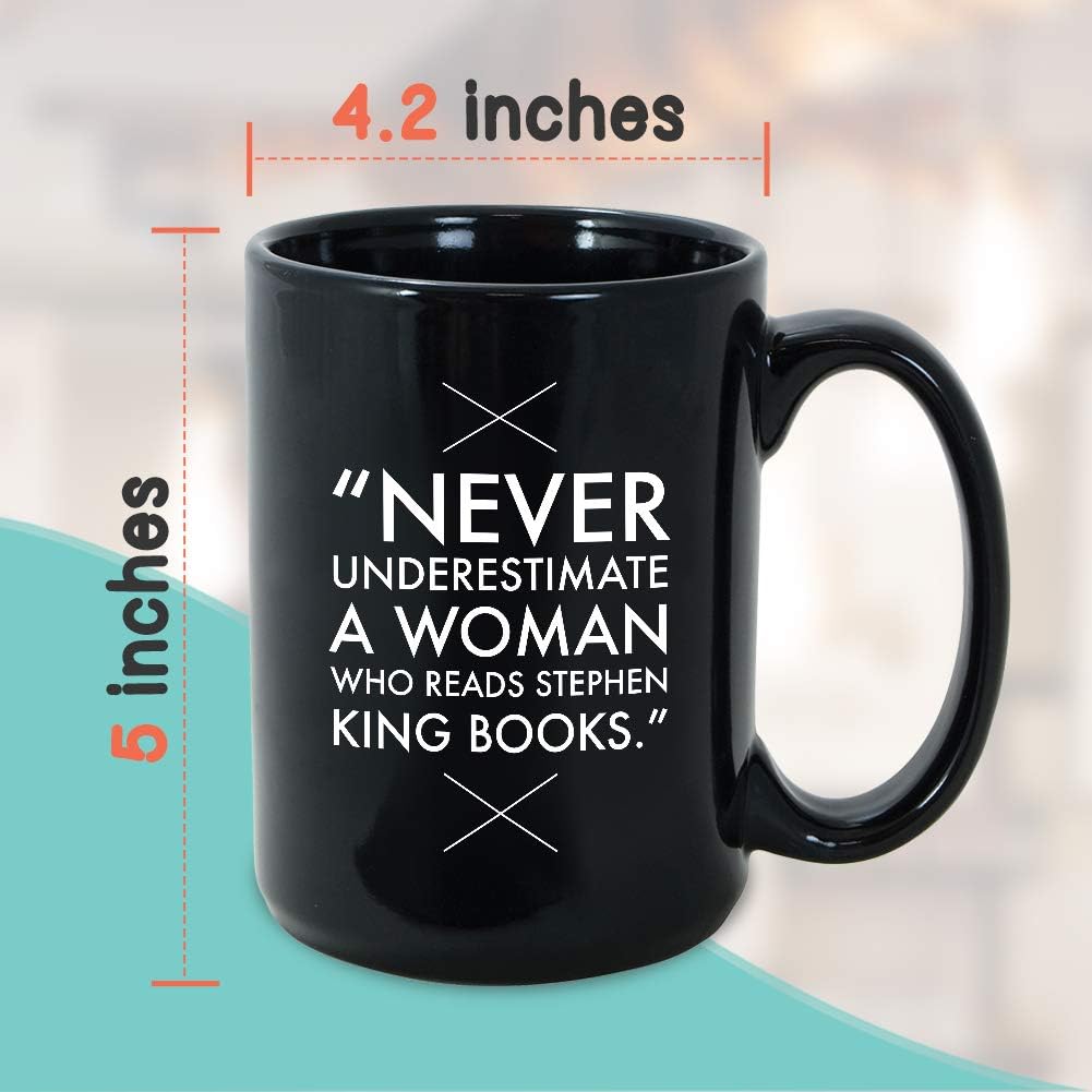 Readers Mug 15 oz Black, Never Underestimate A Woman Who Reads Bookworm Quote