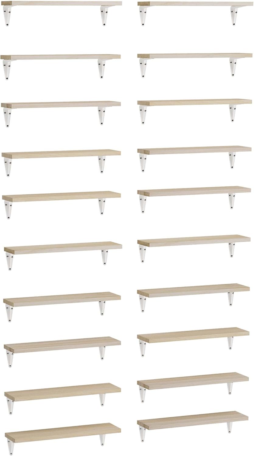 Wallniture Arras 17"x4.5" Floating Shelves for Wall, Shelf for Garage Storage, Wall Bookshelf, Pantry & Kitchen Shelving, Living Room Shelves, Natural Wood, Set of 20