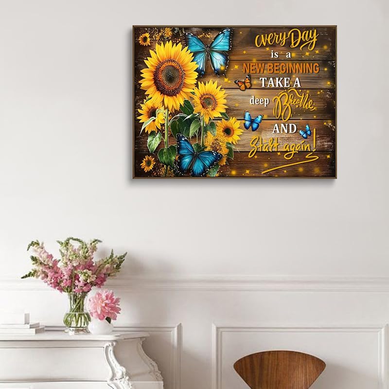 Sunflower Canvas Wall Art Blue Butterfly Rustic Wood Wall Decor Inspirational Prints Quotes Posters Vintage Painting Framed Artwork For Bedroom Living Room And Kitchen Home Modern Decors 12x16 Inches