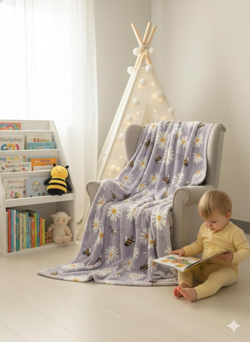 Bumble Bee Daisy Throw Blanket 50x70 Inch - Ultra Soft Plush Fleece, Lavender Purple Floral Queen Size Cozy Bed Sofa Decor, All Seasons Gift for Bee Lovers