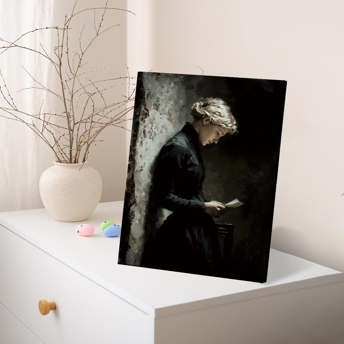 Vintage Dark Academia Wall Art - Elegant Women Reading Painting Artwork - Victorian Style Wall Decor for Home Living Room Bedroom 8x10 Canvas Framed