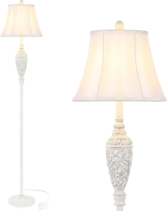 65’’ Vintage Floor Lamp for Living Room, Traditional White Standing Lamp with Carved Resin Base and Foot Switch, Classic Farmhouse Tall Pole Lamp, Bedroom, Office