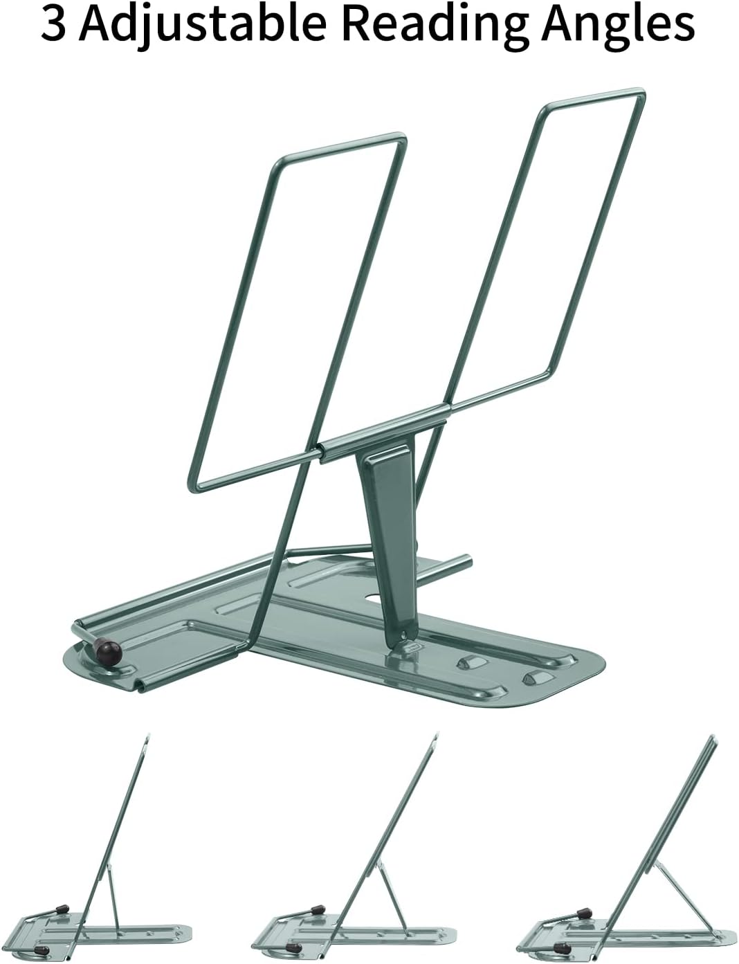 Metal Book Stand for Desk, Adjustable Reading Rest Book Holder, Portable Cookbook Documents Holder, Sturdy Typing Stand for Recipes Textbooks Tablet Music Books with Page Clips (Morandi Green)