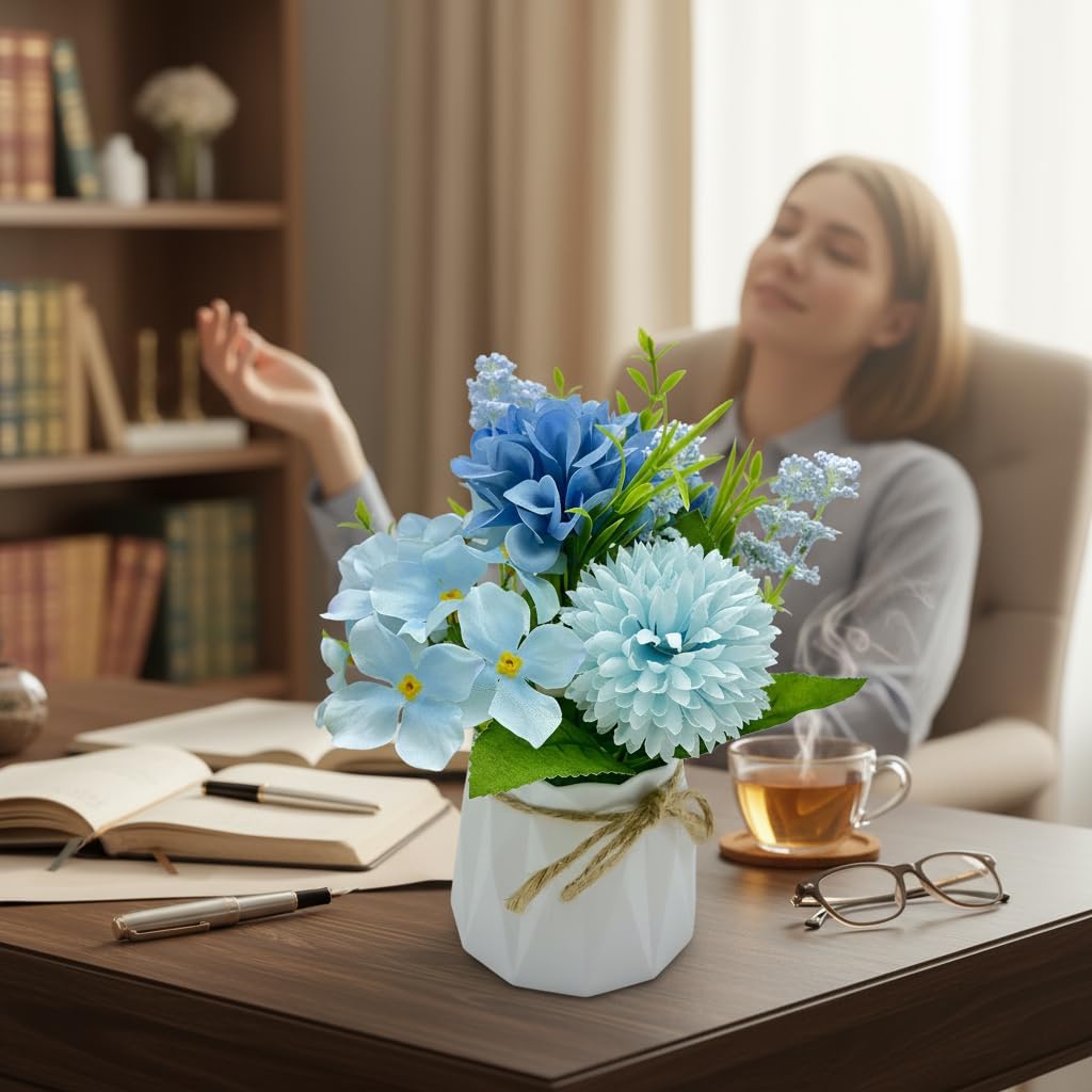 2 Pcs Blue Hydrangea Artificial Flowers Bathroom Decor Fake Flowers in Small Flower Vases for Centerpieces Floral Arrangements Home Indoor Kitchen Tables Living Room Tv Stand Nightstand Decor