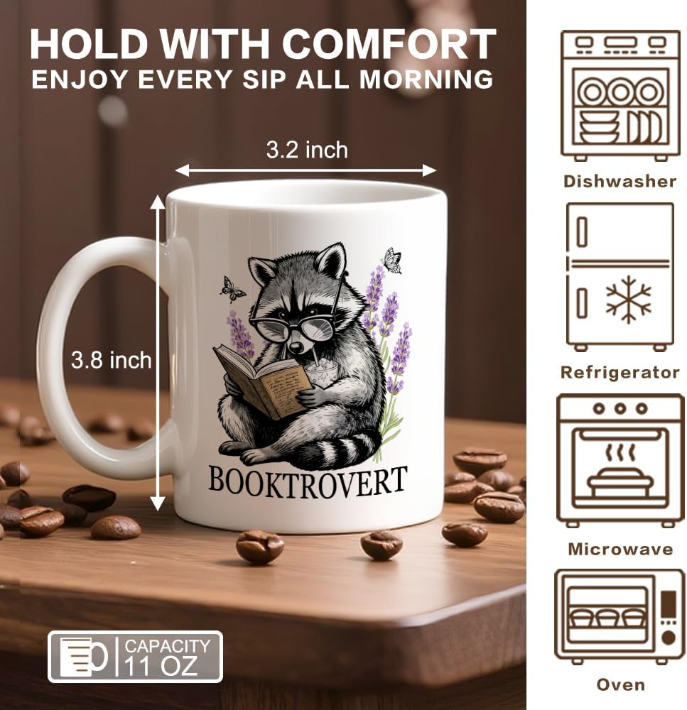 Booktrovert Coffee Mug, Cute Raccoon Theme Gifts for Raccoon Introverted Reader Book Lover Bibliophile Bookworm Homebody, Birthday Gifts for Book Club Member Librarian Avid Reader Bookworm