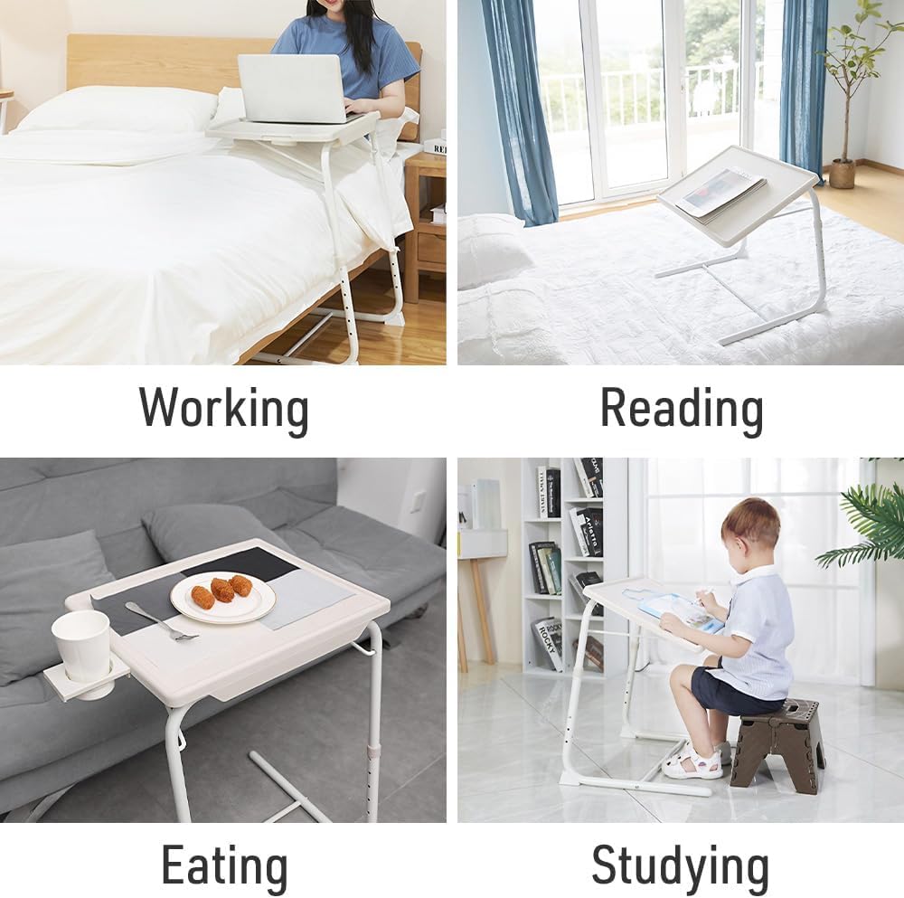Japard Folding TV Tray Table, Small Bedside Sofa Dinner Table with Cup Holder, Adjustable 6 Height & 3 Tilt Angle (White_ 2 pcs)