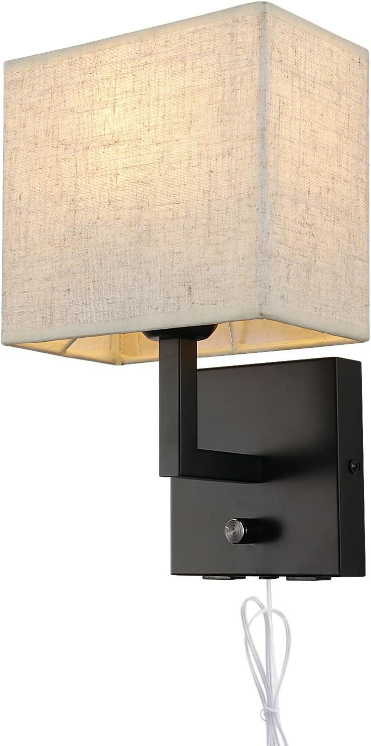 Bedside Wall Mount Light with Dimmer Switch and Two USB Charging Port, Fabric Linen Shade Wall Sconces Light with Plug in Cord, Black Wall Lamp Perfect for Bedroom, Living Room and Hotel