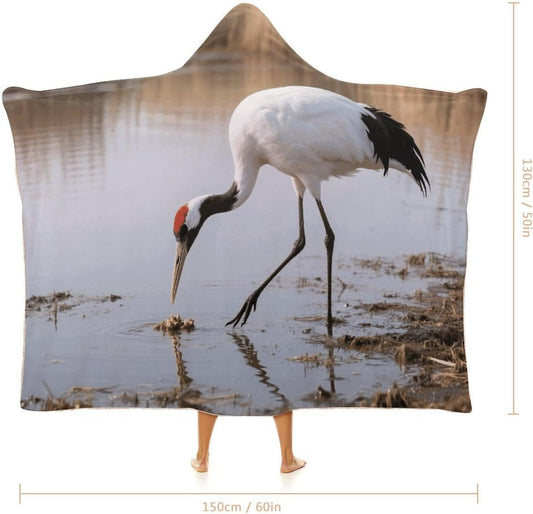 Red-crowned Crane Wearable Hoodie Blanket for Women Men Fleece Blanket with Hood Oversized Warm Cozy Gifts