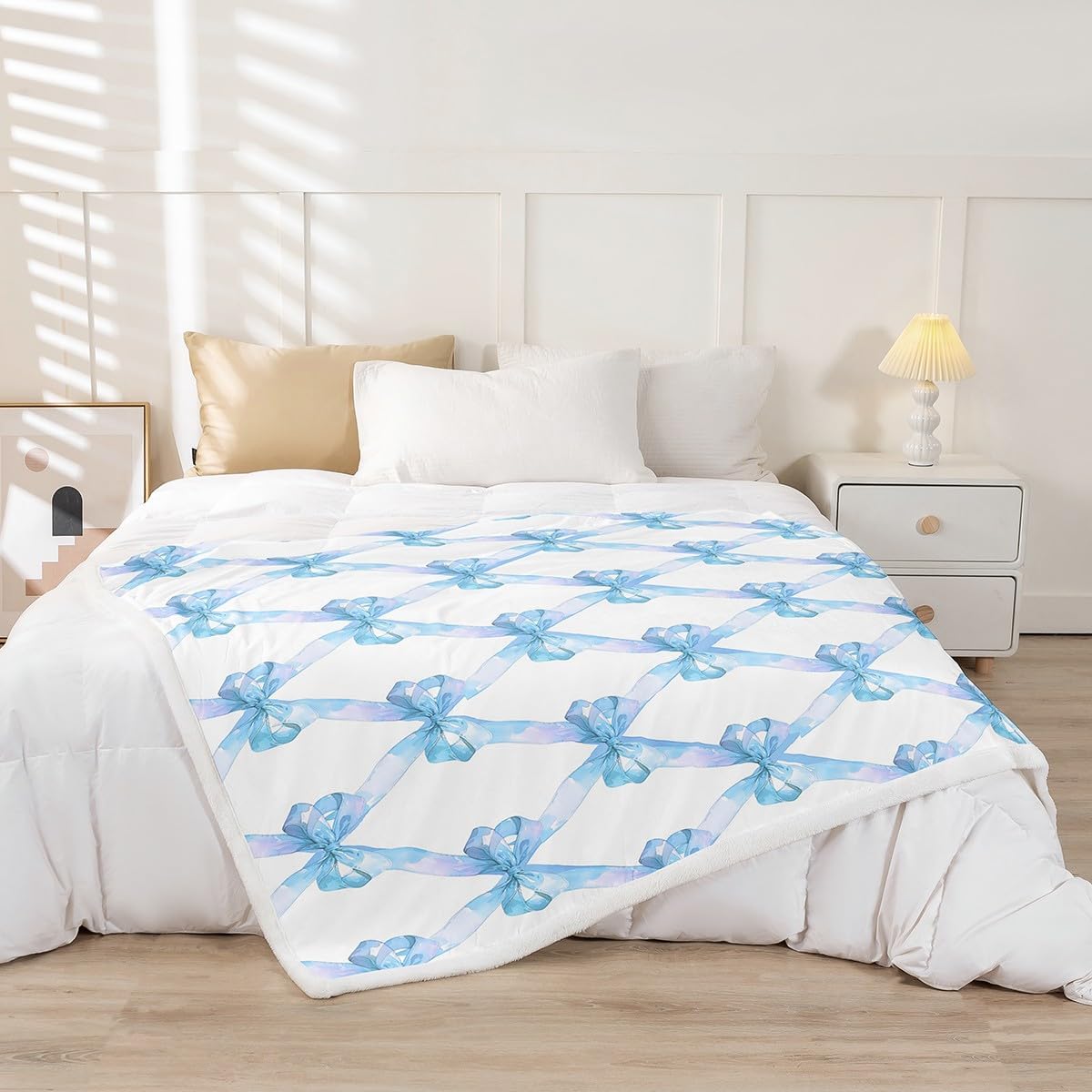 Manfei Cute Bowknot Flannel Blanket,Princess Style Blue Bow Watercolor Girly Fleece Blanket for Room Decor,Geometric Grids Minimalist Dreamy Throw Blanket for Sofa Couch,Throw 50"x60"