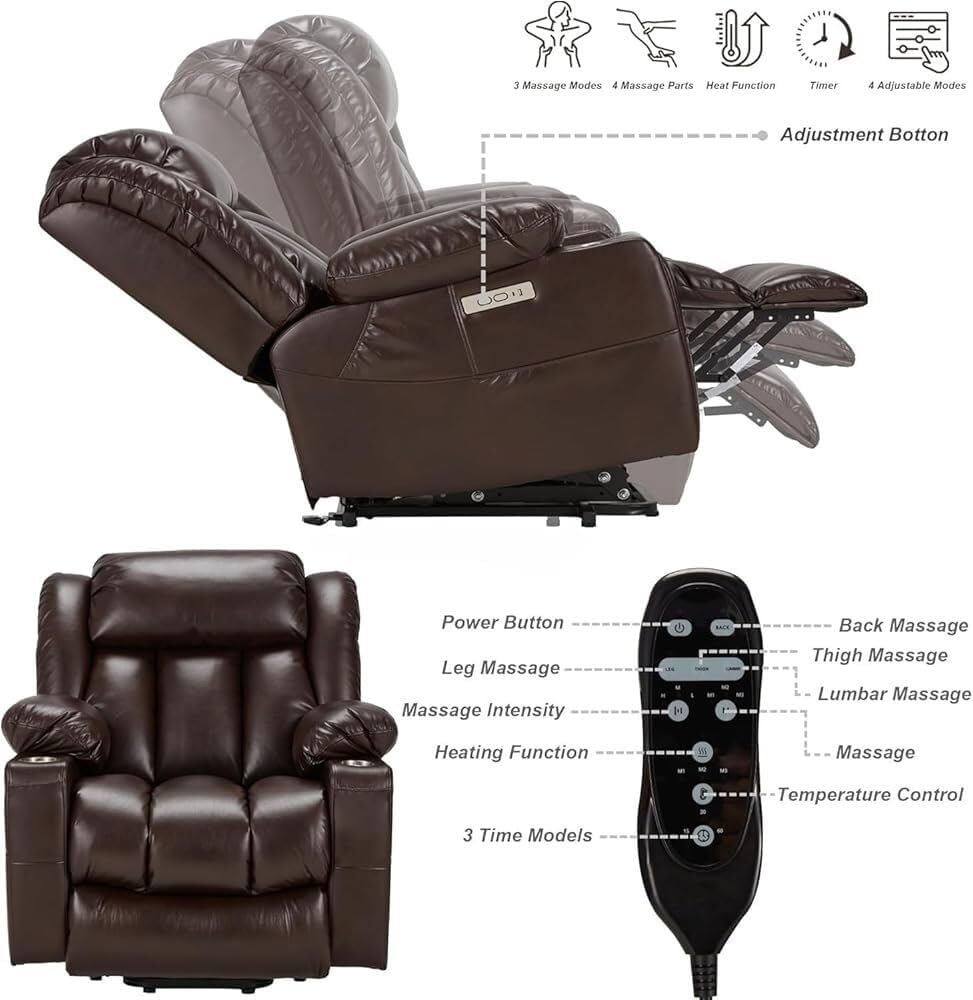 Genuine Leather Electric Lift Recliner Chairs Massage Overstuffed Armrests Thick Padded Backrest Adjustable Positions Power Sofa for Meeting Room Furniture