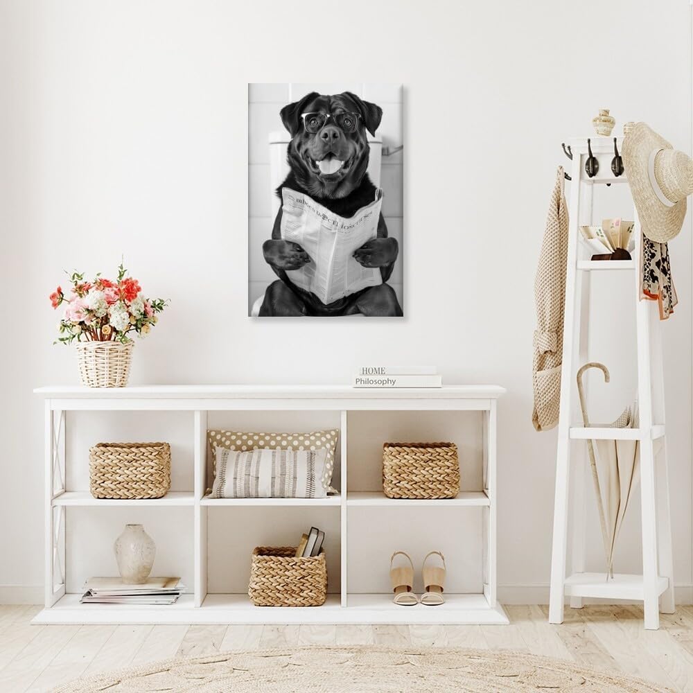 Bathroom Wall Decor Dog Reading Newspaper Black and White Print Pet Art Funny Dog Poster Canvas Wall Prints Poster Modern Home Aesthetic Decor Wall Art for Bedroom Dorm Framed20x30inch