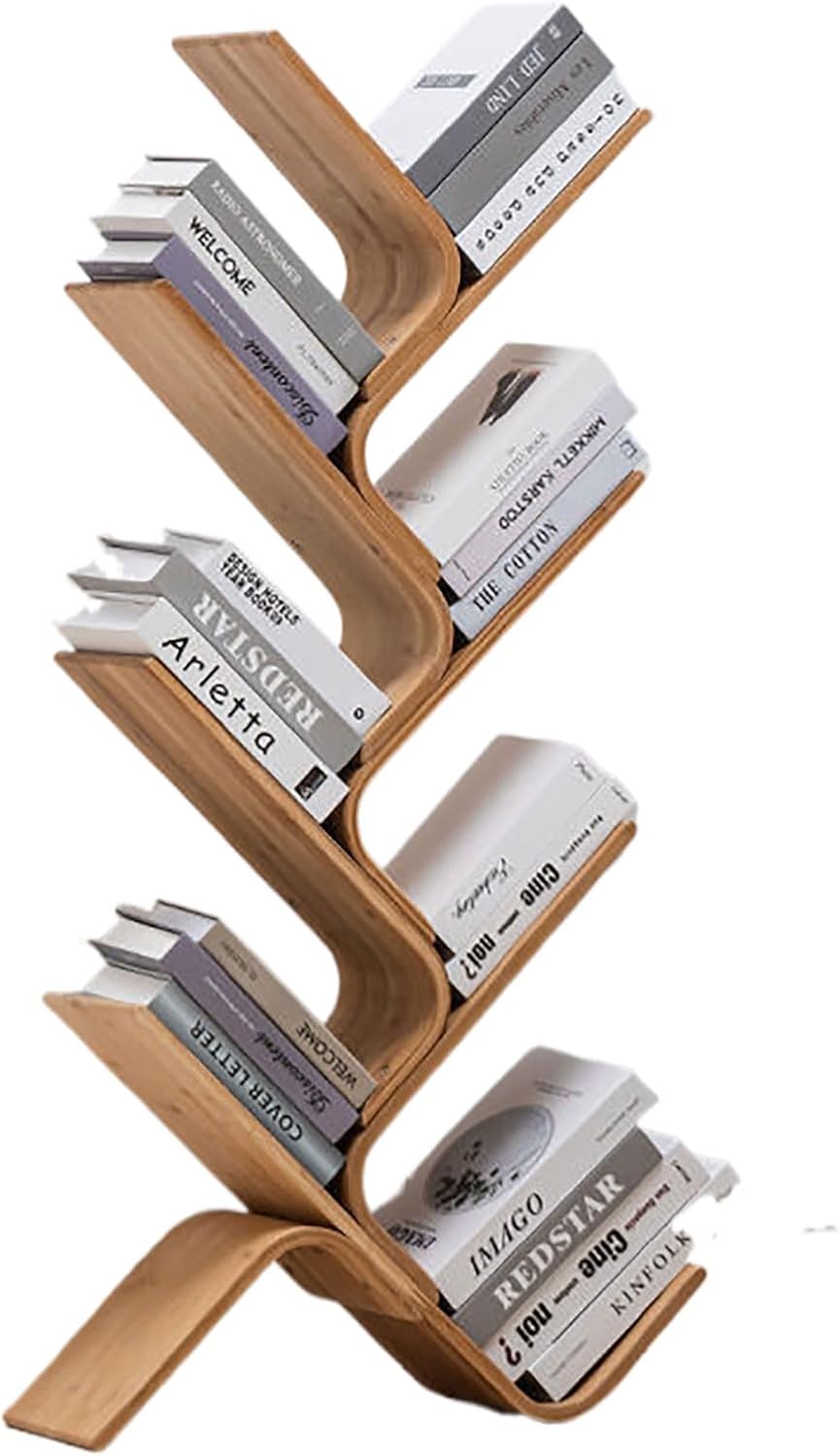 Modern 8-Tier Bamboo Bookshelf, Space-Saving Curved Wood Bookcase, Stylish Book Storage Organizer for Living Room, Bedroom, Home Decor - 7 Layers Design