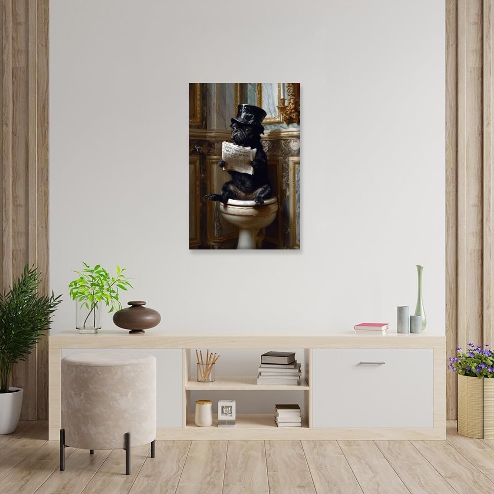 Pug Dog Reading Newspaper on Toilet Whimsical Fine Art Print Vintage Painting Canvas Wall Prints Poster Modern Home Aesthetic Decor Wall Art for Bedroom Dorm Framed24x36inch