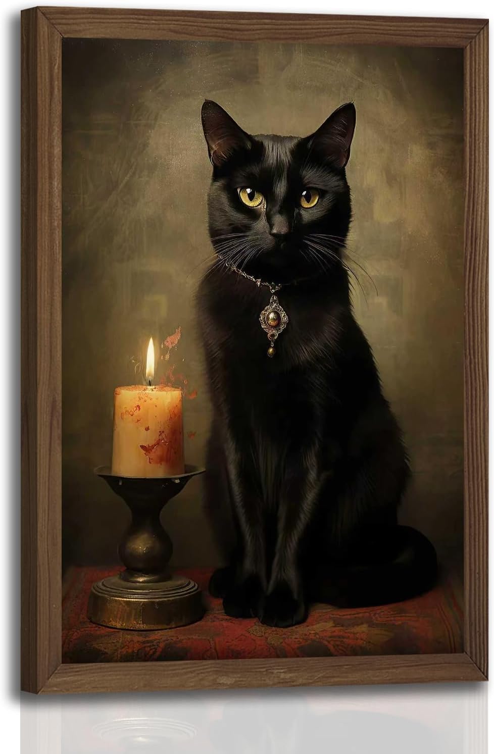 Framed Black Cat Wall Art with Dark Wood Frame – 12x16 Inch Gothic Vintage Cat Canvas Print – Witchcore Witch Aesthetic Painting for Bedroom, Living Room – Dark Academia Decor Poster for Cat Lovers