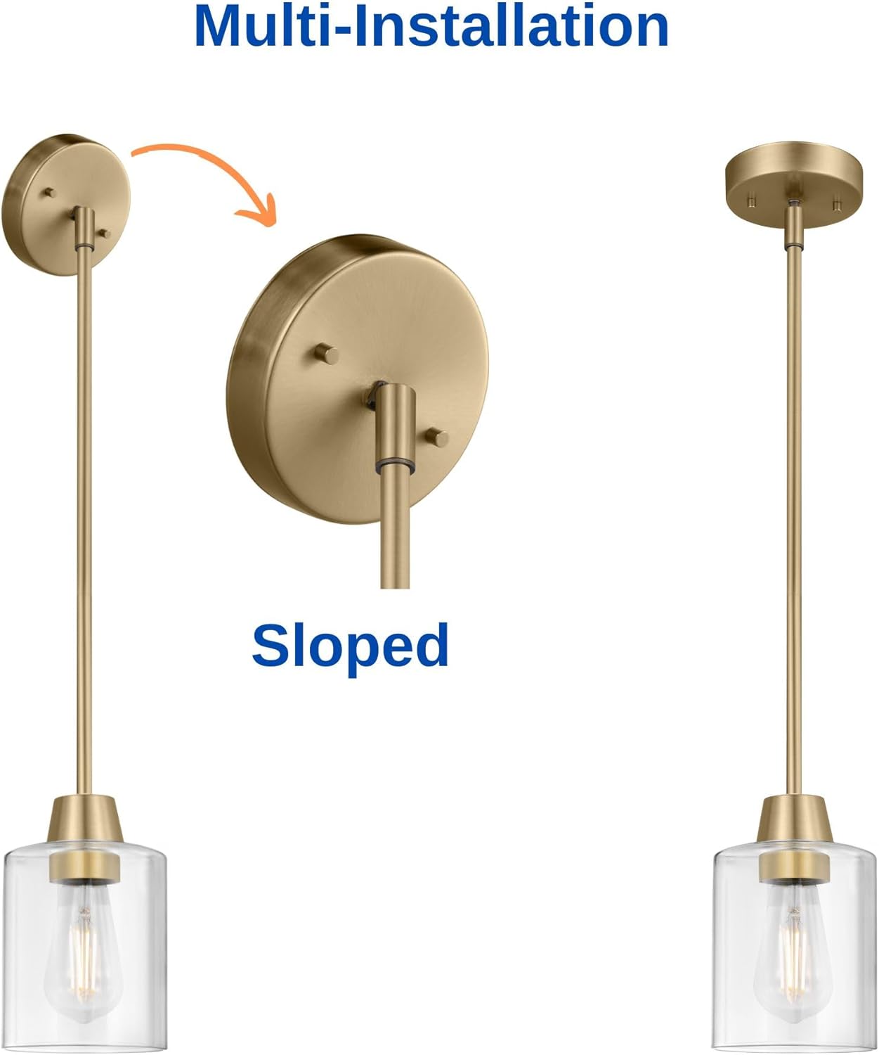 3 Pack 1 Light Brass Pendant Lights Kitchen Island, Gold Modern Chandelier Clear Glass Shade, Adjustable Multiple Stems Rods Hanging Farmhouse E26 Socket Light for Dining Room Bedroom Bar