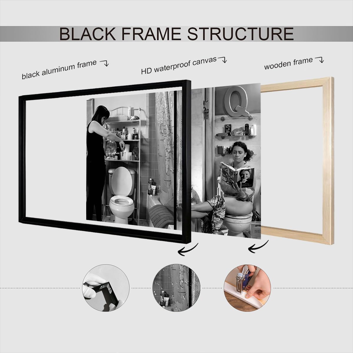 Funny Bathroom Canvas Posters Humor Black And White Wall Art Woman Toilet Reading Magazine Prints Painting For Living Room Restroom Dorm Wall Decor 8x12in Unframed