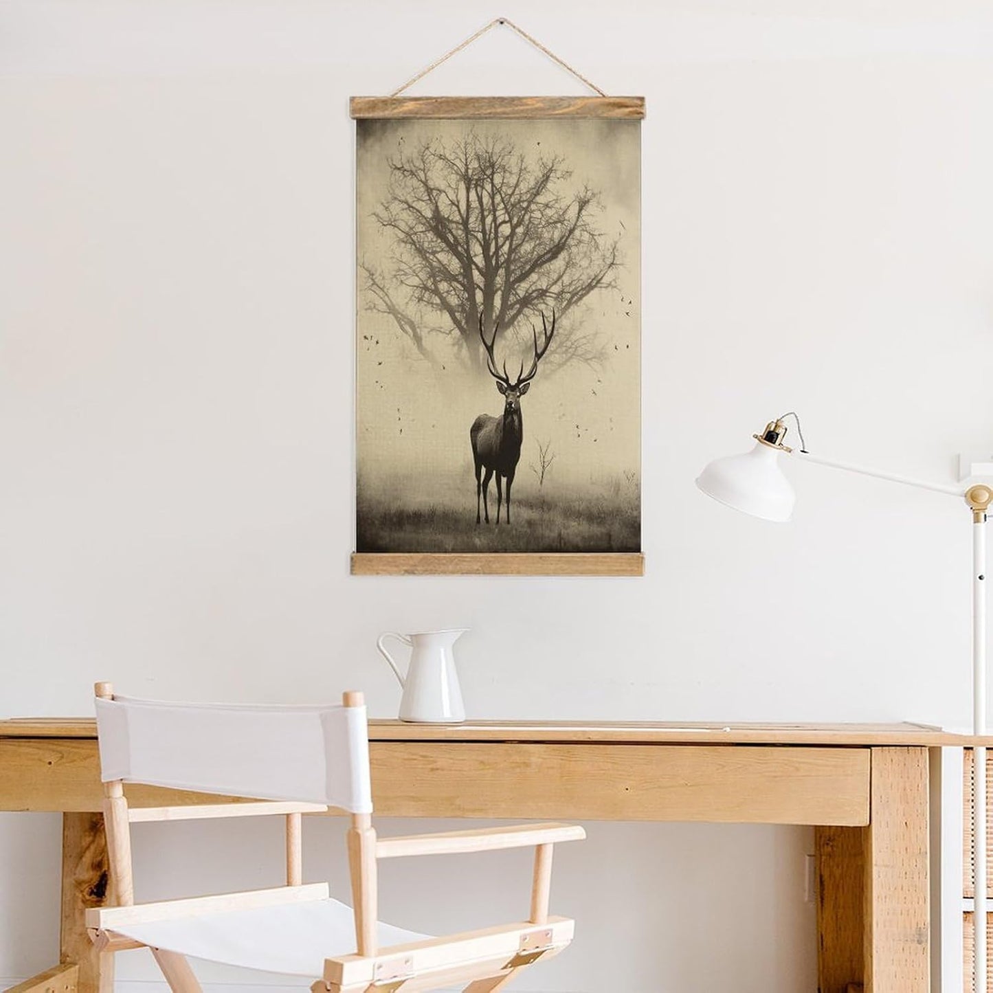 Vintage Abstract Tree Elk Picture Poster with Wooden Frame Personalized Linen Hanging Scroll Painting Rustic Wall Hanging Illustrative Modern Artwork Decor for Home Living Room Bedroom Office