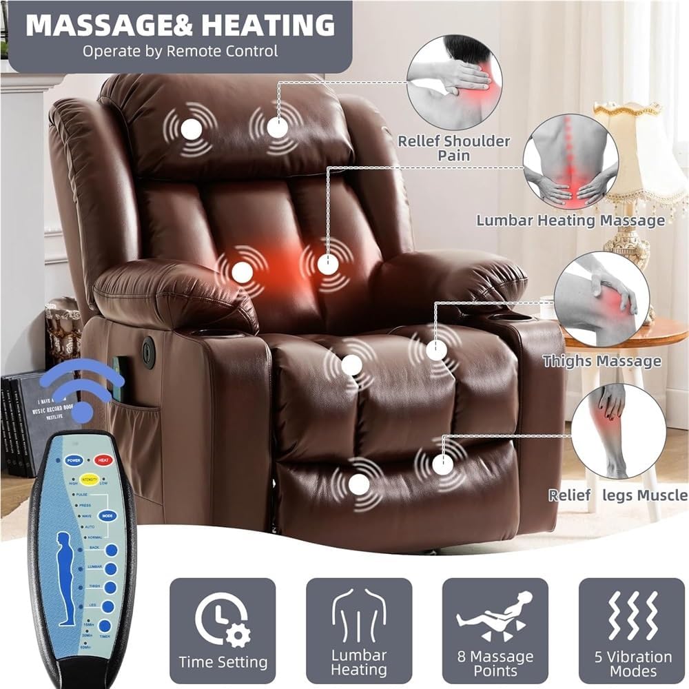 Brown Power Lift Recliner Chair, Heavy Duty Electric Sofa with Heat Massage, PU Leather Reclining Seat with Remote Control, Cup Holders, USB Port, Adjustable Backrest