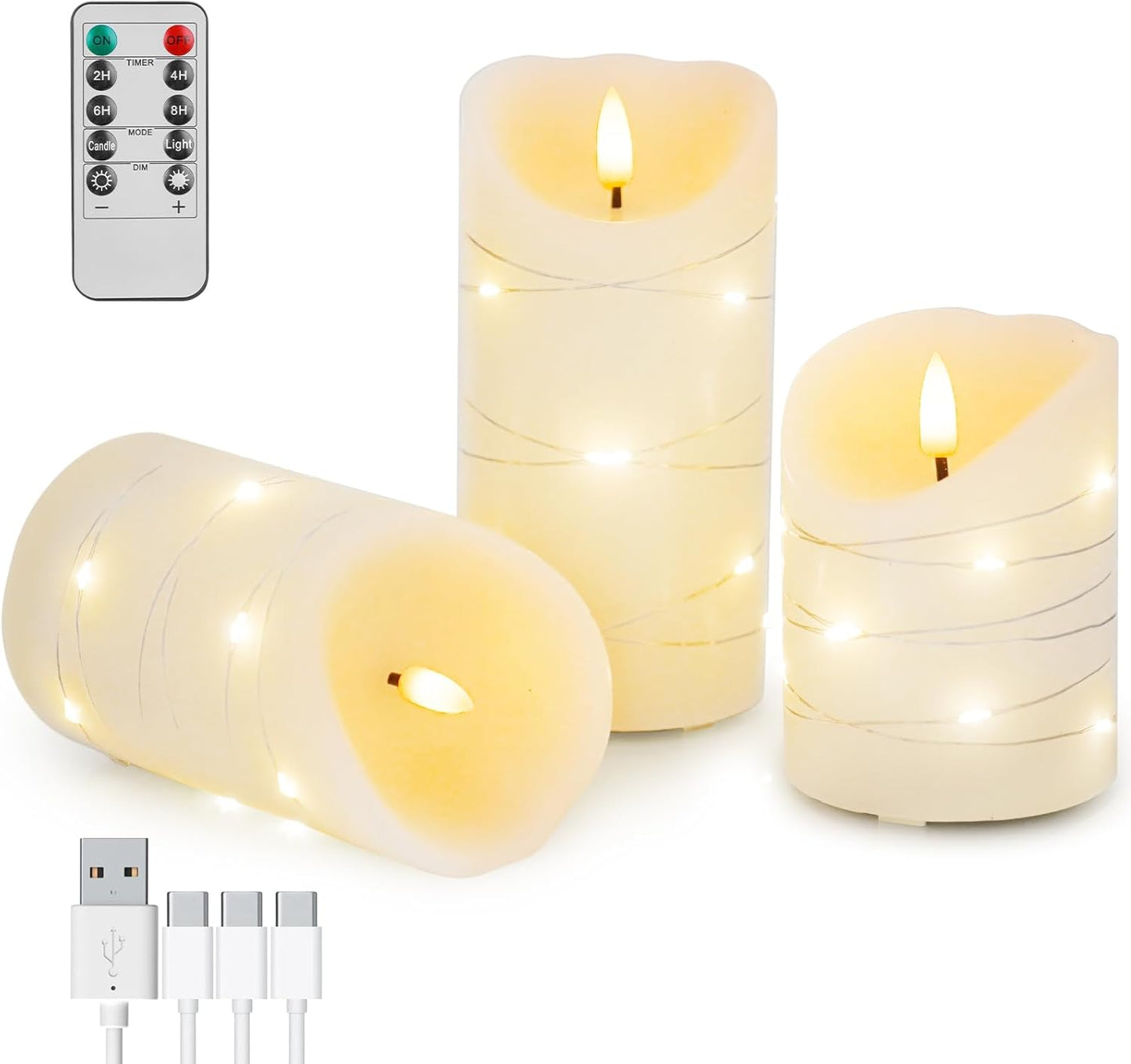 Rechargeable Flameless LED Candles,Flickering Candles with Remote Control & Timer Embedded Fairy String Lights,Real Wax,4" 5" 6" Set of 3 for Valentine's Day,Table Centerpiece Decorations,Home Decor